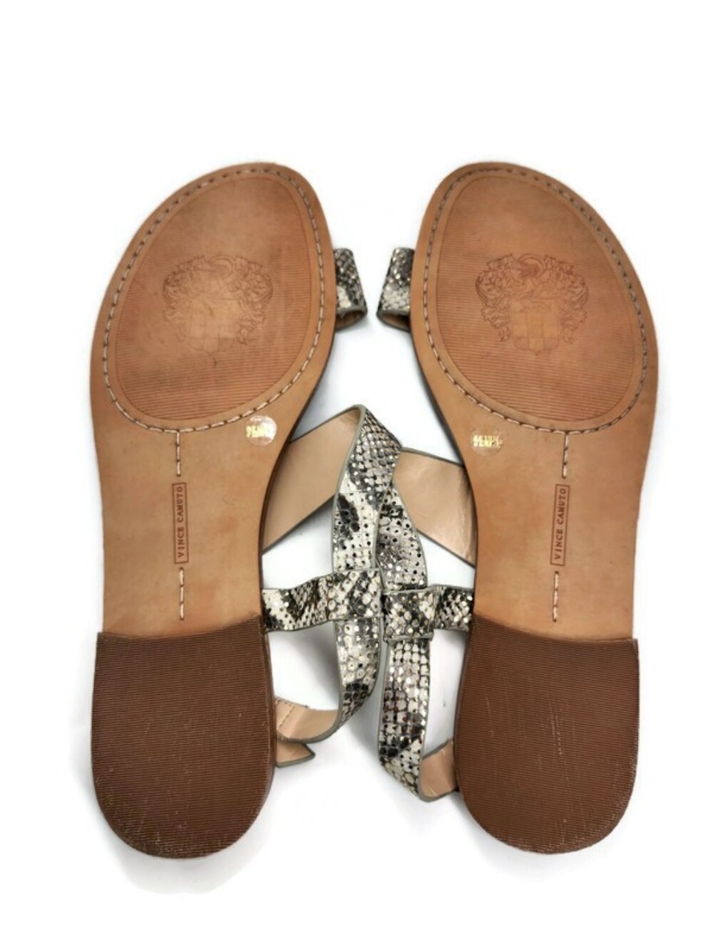 Vince Camuto Rentin Grey & White Snake Print Gold Shimmer Leather Flat Sandals - Picture 13 of 13